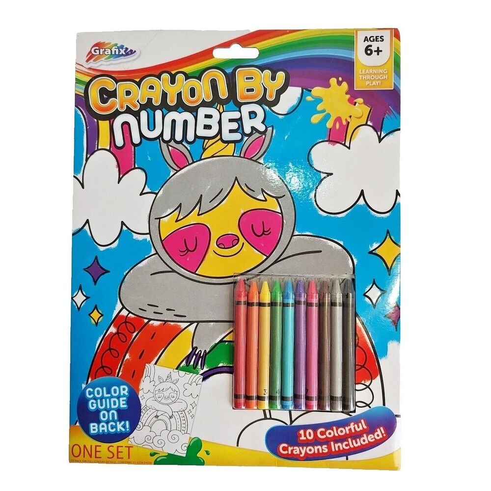 Grafix Crayon By Number 1 Printed Sheet 10 Crayons Learning Play Age 6+ Sloth